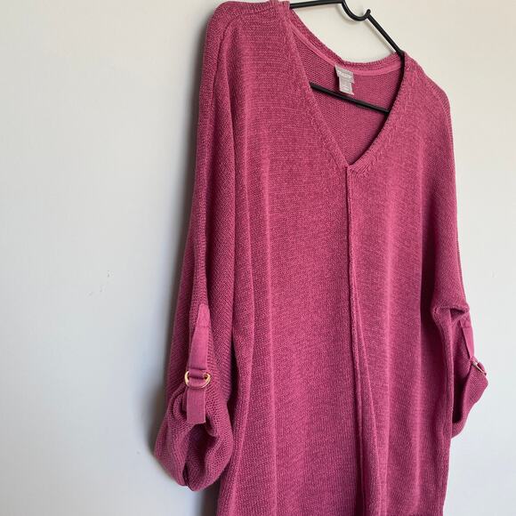 Chico's Womens Sweater Size 2 Pink Rose Short Sleeve Knit V-Neck Coastal Preppy - Picture 4 of 5